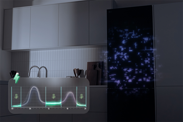 At night, LG Fit & Max Fridge Freezer AI Saving Mode lowering cooling in low activity to save energy while keeping food fresh.	