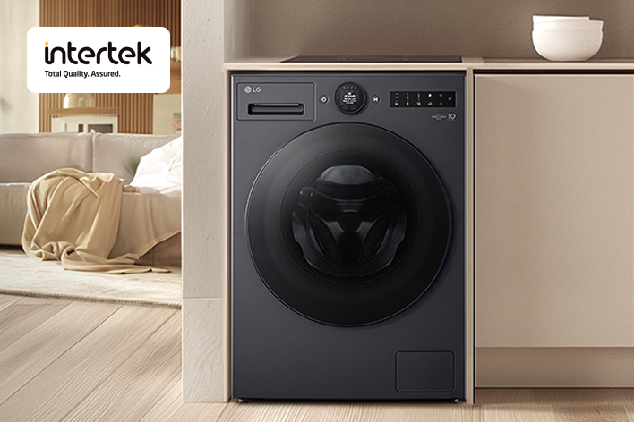 LG front-load washing machine built under a modern kitchen counter, independently tested by Intertek for performance