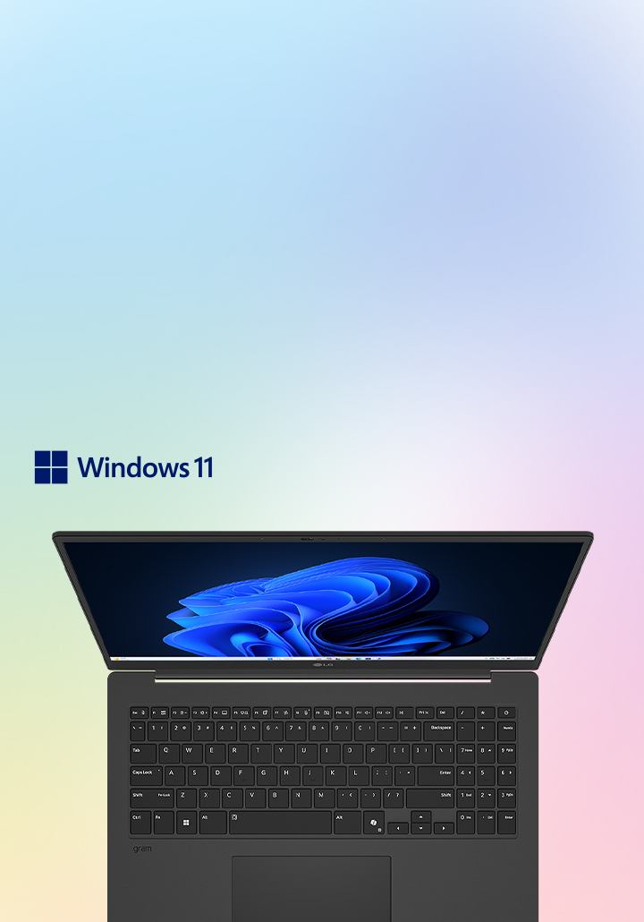 This image shows a laptop with a clear blue display on a soft gradient background, featuring the Windows 11 logo.