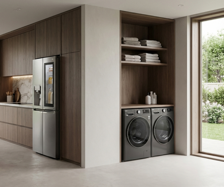 LG InstaView™ refrigerator installed in a warm wood kitchen beside built-in cabinetry and a washer and dryer set near a window.	