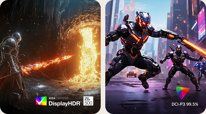 Side-by-side gaming visuals demonstrate LG UltraGear display performance, with the left showing a fantasy warrior in a cave under glowing lava highlighting VESA DisplayHDR True Black 500, and the right showing futuristic soldiers with energy swords in a neon city showcasing DCI-P3 99.5% color coverage.