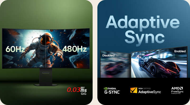 Side-by-side visuals highlight LG UltraGear gaming performance, with the left showing a curved monitor comparison of 60Hz versus 480Hz refresh rate and 0.03ms response time during a space scene, and the right showing Adaptive Sync enabled versus disabled in a futuristic racing game, featuring NVIDIA G-SYNC, VESA AdaptiveSync, and AMD FreeSync Premium Pro logos.