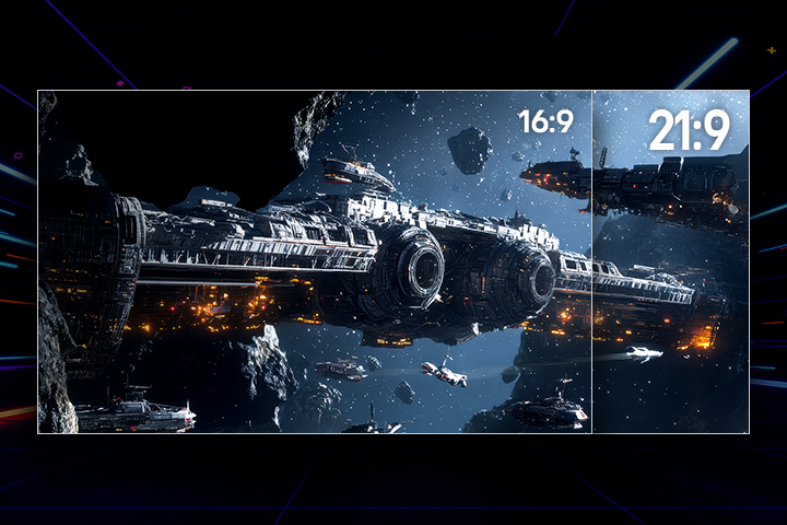 A space battle scene on an LG UltraGear display compares aspect ratios, showing the narrower 16:9 view beside the wider 21:9 view that reveals more of the massive starships and surrounding asteroids.