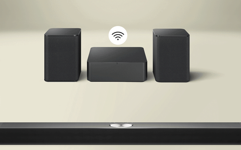 Rear speakers and Wireless Connectivity Box facing an LG Soundbar with blue curves illustrating connectivity bouncing between the box and soundbar. A black and white connectivity symbol is above the Wireless Connectivity Box. The box then fades away, and the blue curves illustrating connectivity bounce between the left rear speaker and soundbar. The black and white connectivity symbol is now above the rear speaker.	