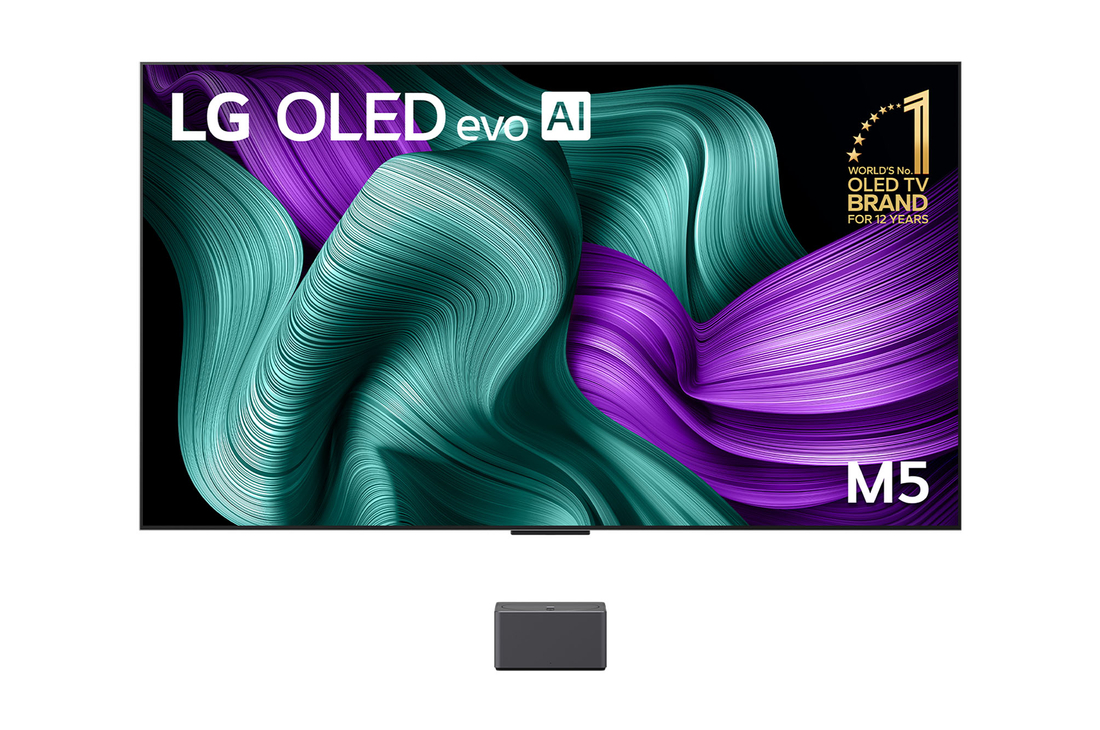 Front view of World’s first True Wireless TV 77 inch LG OLED evo AI M5 with 4K 144Hz Video & Audio Transfer OLED77M5PSA
