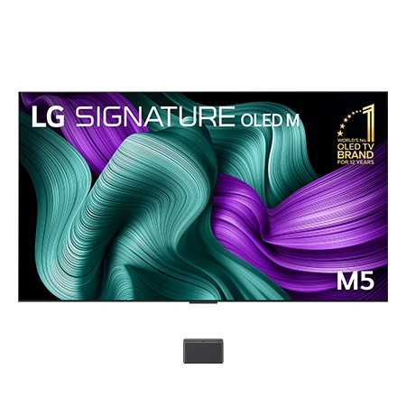 Front view of World’s first True Wireless TV 97 inch LG SIGNATURE OLED evo AI M5 with 4K 144Hz Video & Audio Transfer OLED97M5PSA