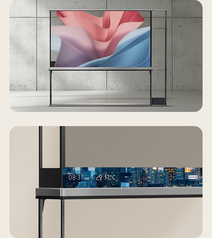 Front view of LG SIGNATURE OLED T displaying an abstract background on a transparent screen.   Left corner of a LG SIGNATURE OLED T with the T-Bar showing time and weather against a metropolitan background. 