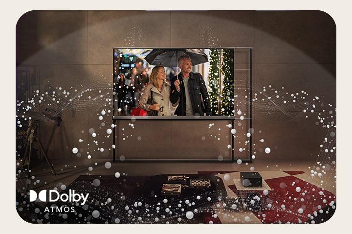 LG OLED TV on a living room wall and abstract circles emitting from the TV and filling the room.