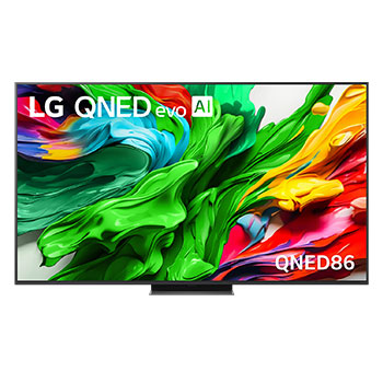 Front view of 65 inch LG QNED evo AI QNED86 MiniLED 4K Smart TV 2025 65QNED86ASA