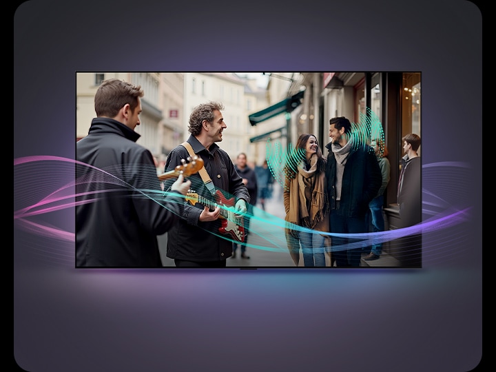 A busy street filled with people. A couple is walking having a conversation. A couple of street performers are playing guitar. Abstract soundwaves are coming