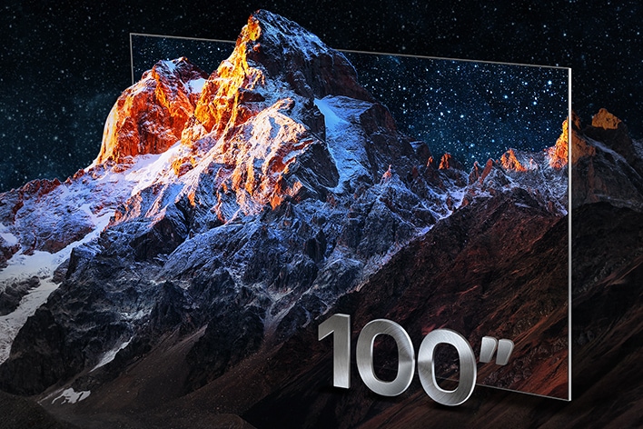 Mountain range with the frame of a TV around it as a creative way to highlight a large TV screen size. With the label 100 inches.