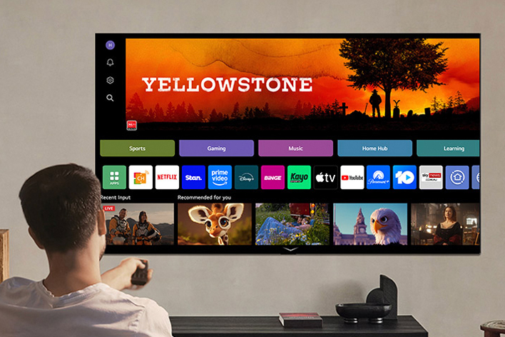 Person on the couch holding out a remote control. LG AI TV on the wall with LG webOS on the screen.