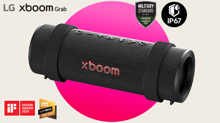xboom Grab is placed in a diagonal position in a pink-circle-background. On the right above Military standard and IP67 logos are placed while on the bottom left iF Design award and Digital trend award logos are placed.