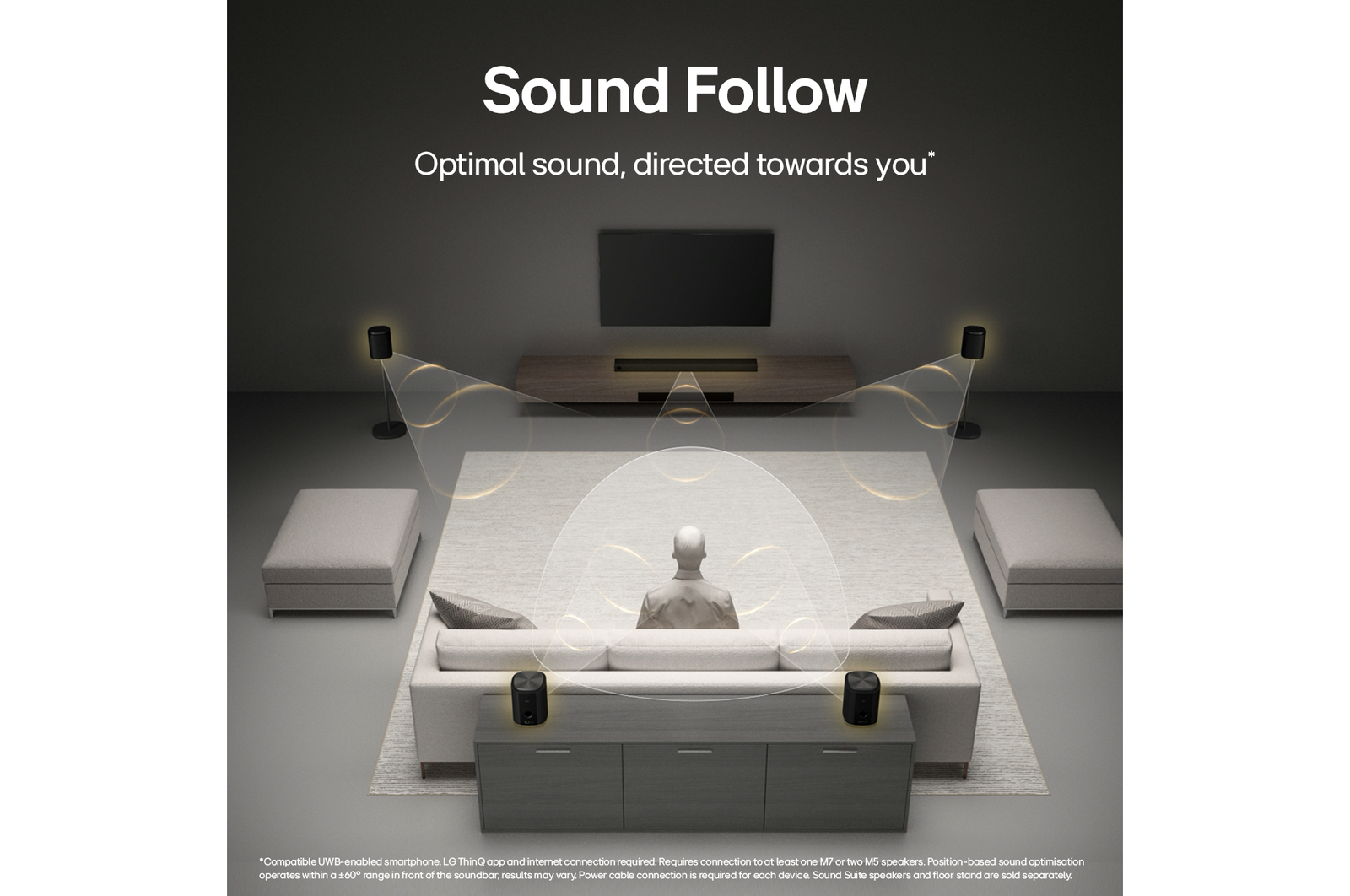 No need to reposition your speaker every time you move. The H7’s Sound Follow technology analyses not just the space itself, but also your position and movement within it — ensuring optimal sound wherever you are.	