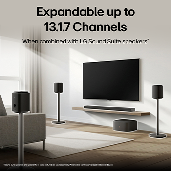 LG Sound Suite placed in a living room, demonstrating flexible speaker placement for an immersive home sound system