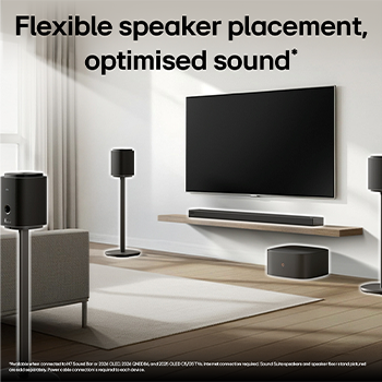 LG Sound Suite speakers arranged with a TV, highlighting versatile use for home audio systems