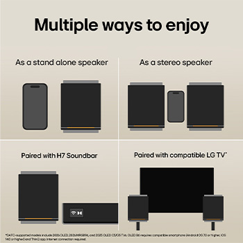 1) LG Sound Suite M5 speaker used as a standalone speaker next to a smartphone 2) A pair of LG Sound Suite M5 speakers for stereo speaker, shown beside a smartphone 3) LG Sound Suite M5 speaker paired with H7 soundbar for an expanded surround sound 4) LG Sound Suite M5 speakers connected to a TV, enhancing immersive home audio
