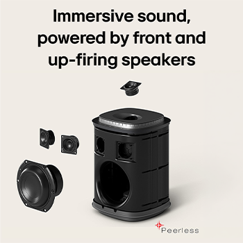 LG Sound Suite M7 speaker with spatial audio and Peerless front and up-firing speaker arrays delivering immersive 3D audio from every direction