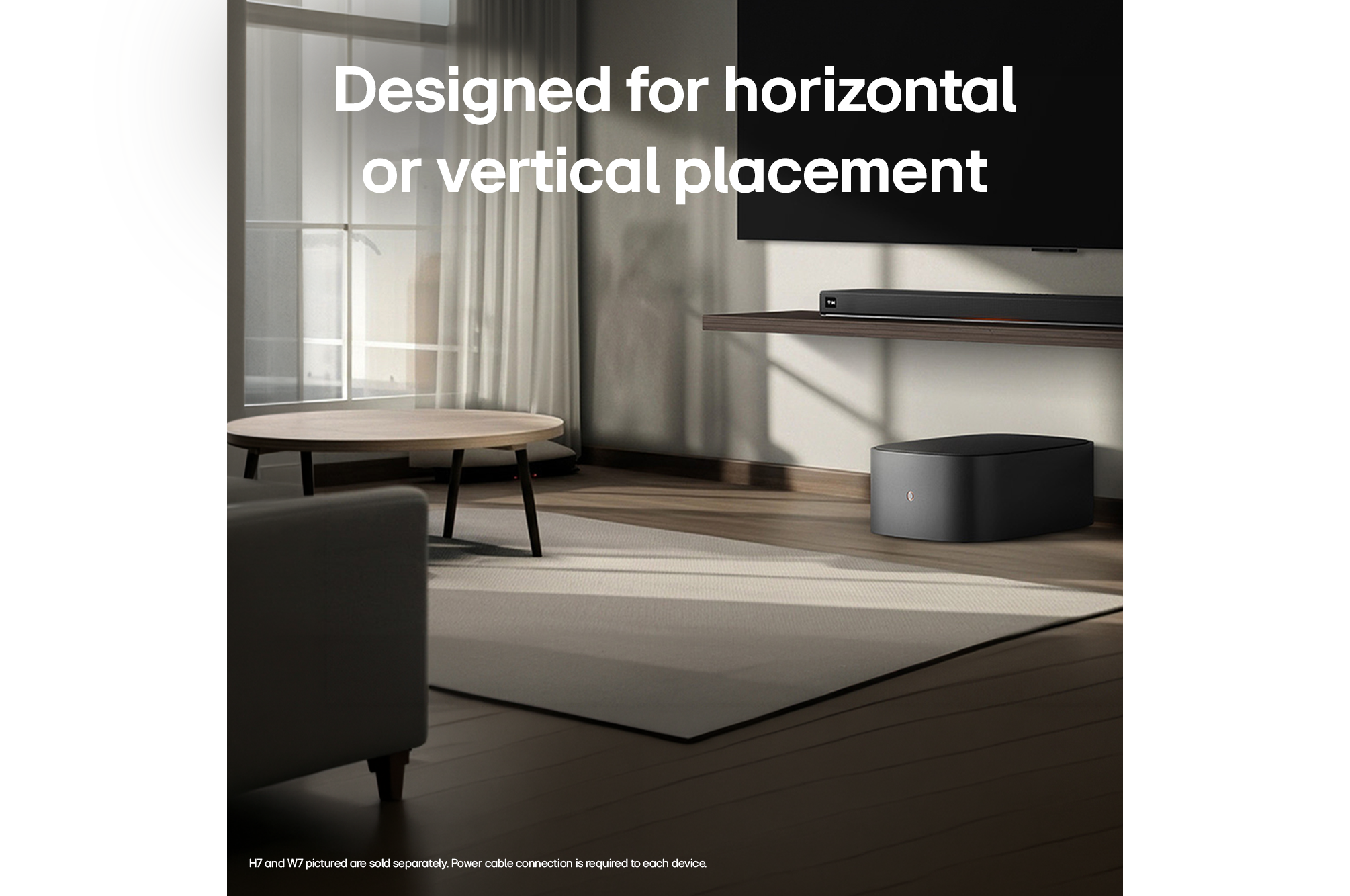 LG Sound Suite W7 woofer placed below a TV with a soundbar, showing easy wireless sound expansion for an immersive home stereo audio system
