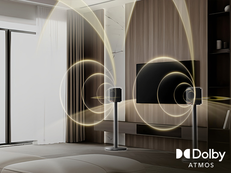 A living room with curved sound waves from an LG Sound Suite soundbar with Dolby Atmos FlexConnect supported surround sound system for TV