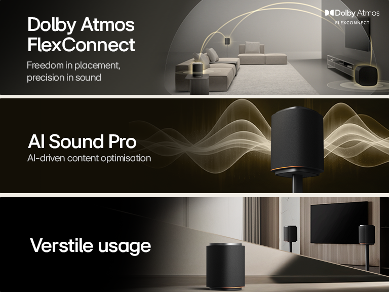 Dolby Atmos FlexConnect | Freedom in placement precision in sound AI Sound Pro | AI-driven content optimization Versitile usage