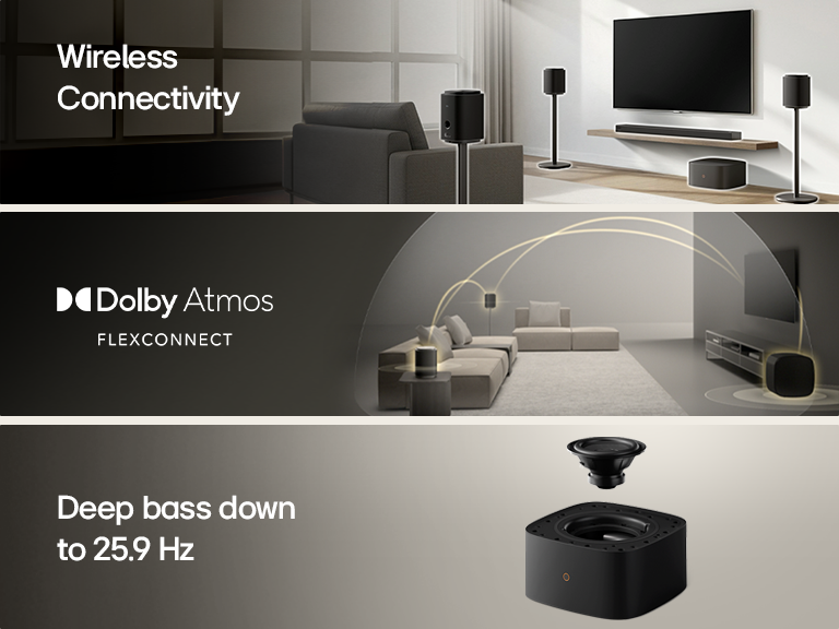 1) LG Sound Suite placed in a living room, demonstrating flexible speaker placement for an immersive home sound system 2) LG Sound Suite with Dolby Atmos FlexConnect technology detects each speaker’s location to optimize surround sound systems 3) Close-up of the LG Sound Suite W7 woofer with its driver showing deep bass performance down to 29.5 Hz