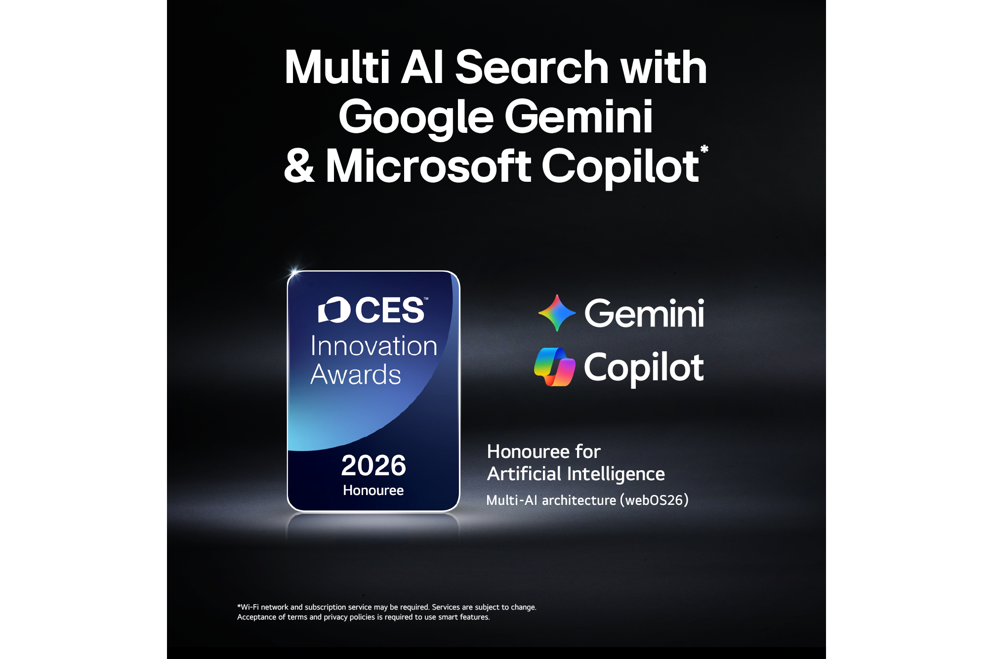 The 2026 CES Innovation Awards Honouree badge in the Artificial Intelligence category recognises Multi-AI search with Google Gemini and Microsoft Copilot.