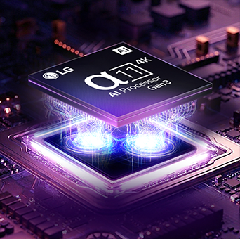 LG Micro RGB evo AI MRGB95 features the new alpha 11 AI Processor 4K Gen3, which glows in purple light on a dark circuit board, highlighting the Dual AI Engine. 