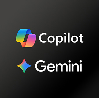 LG Micro RGB evo AI MRGB95 with Award-winning Multi AI webOS is presented on a dark background featuring Microsoft Copilot and Google Gemini logos, indicating support for AI-related services accessible through the TV interface. 