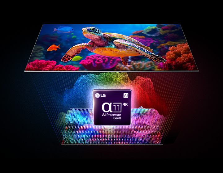 LG Micro RGB evo AI MRGB95 with Micro Dimming Ultra displays a vibrant marine life scene with precise color separation across over 8.3 million pixels, enhanced by thousands of dimming zones driven by alpha 11 AI Processor 4K Gen3.