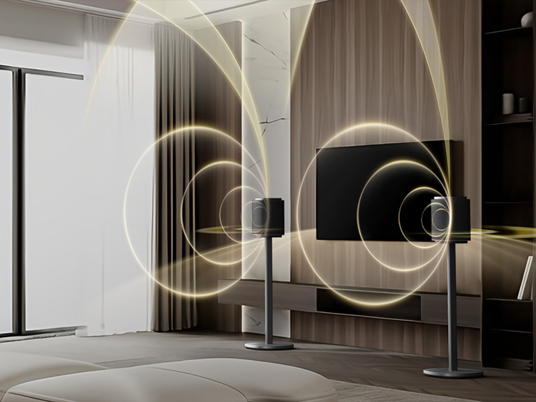 A living room with curved sound waves from an LG Sound Suite soundbar with Dolby Atmos FlexConnect supported surround sound system for TV	