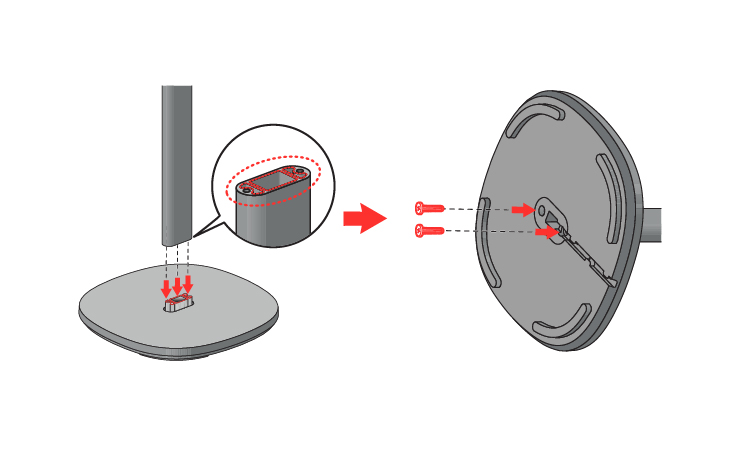 Attach the stand pole to the stand base, then firmly secure the connection using two screws size M4 by 15 mm	