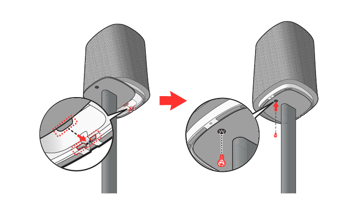 Place the speaker on the top plate and insert the marked protrusion of the top plate into the groove of the speaker as shown in the image Then, firmly secure the speaker to the top plate using the screw M4 by 8 mm