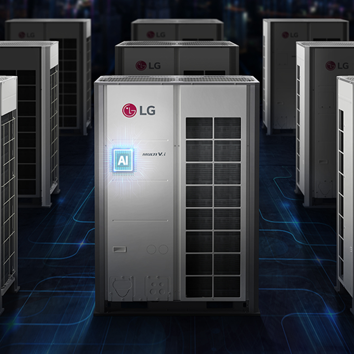 In a futuristic scene, a 2x2 row of LG MULTI V i outdoor units is showcased. The central unit stands out with a blue glowing AI chip at its core.