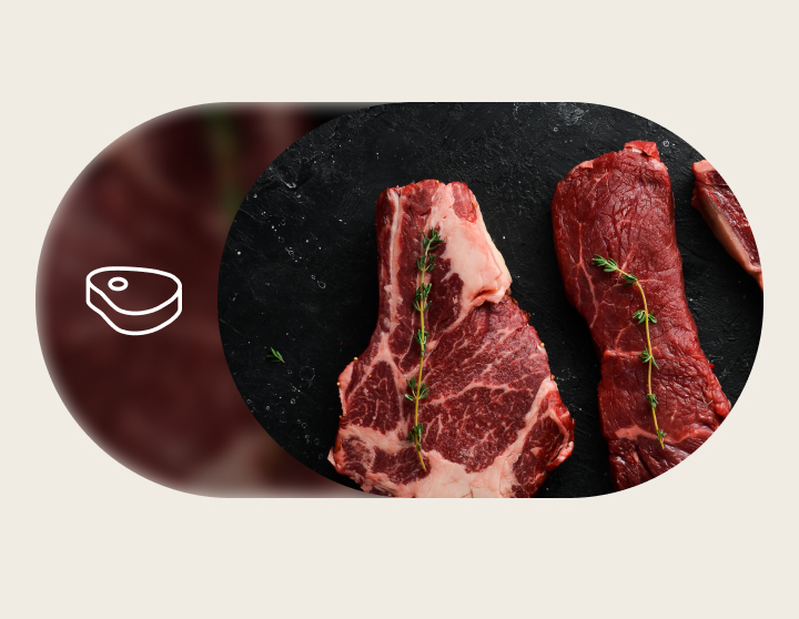 An animation showing various vegetables, seafood, and meats sliding horizontally across the screen.	