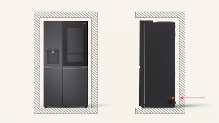 LG Fridge Freezer with measurement arrows showing clearance space required on sides and back for installation.