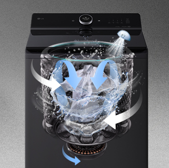LG top-loading washer showing TurboWash3D function with water and rotating arrows
