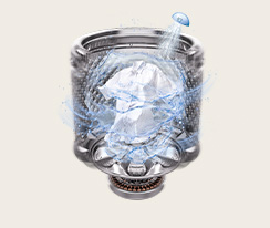 Washer drum with downward water jet spraying over laundry, visualizing fast rinsing with JetSpray