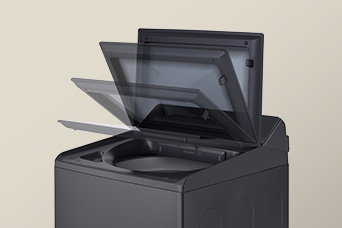 Washer lid shown in mid-motion to illustrate the smooth, soft closing door feature