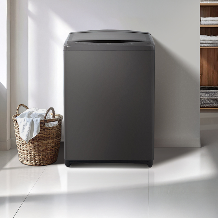 LG front load Washing Machine installed inside a beige cupboard on the left, with a plant placed on the right.