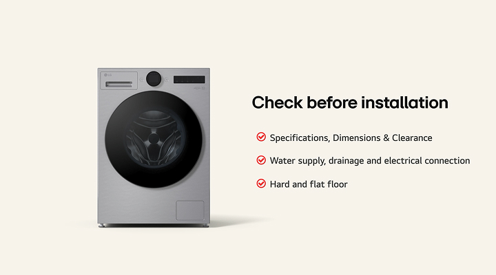 LG front load Washing Machine with pre-installation checklist showing specifications, connections, and floor requirements.