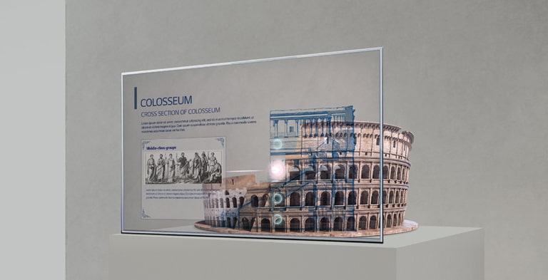 Information about the Colosseum is shown on the Transparent OLED screen set up in front of the Colosseum model.