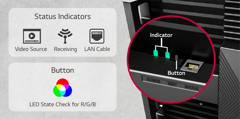 Shows Status Indicators and a button for the LED State Check.