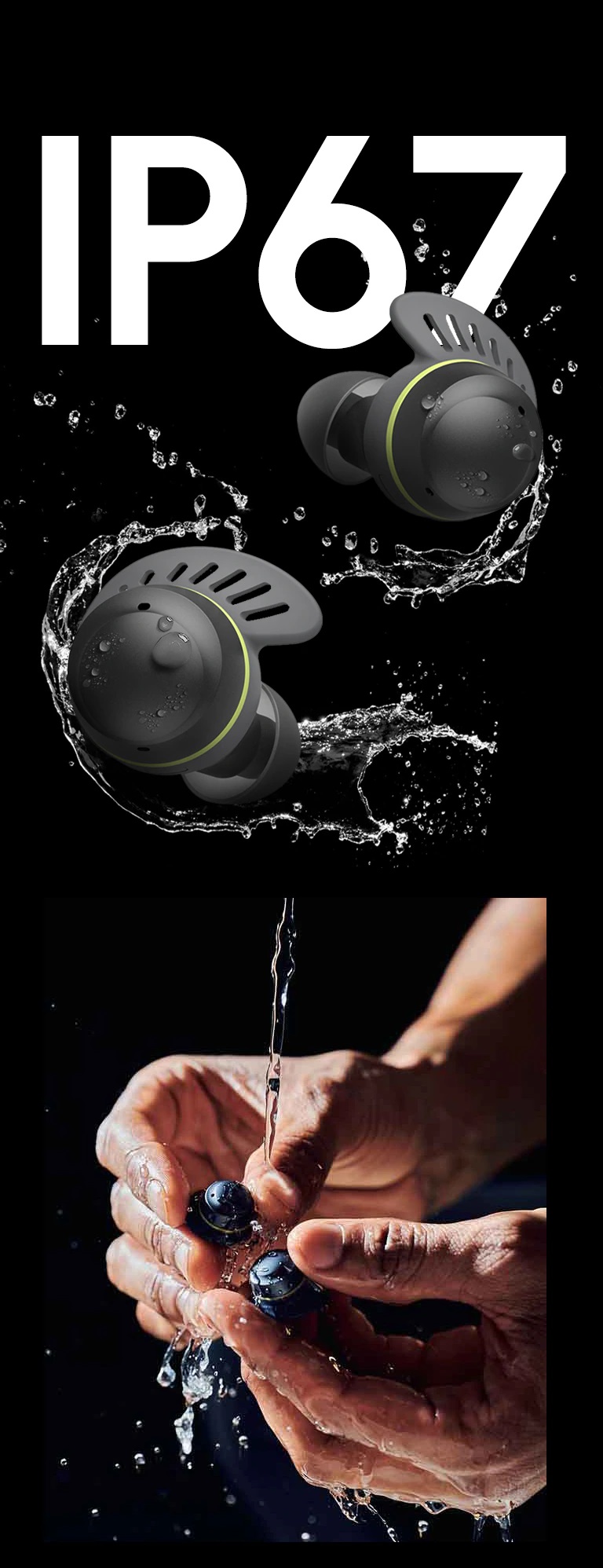 TONE Free fit earbuds in front of text saying IP67. The earbuds are surrounded by water and water droplets.