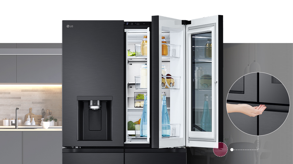 LG black refrigerator with right door open revealing shelves with bottles and food items in a modern kitchen.
