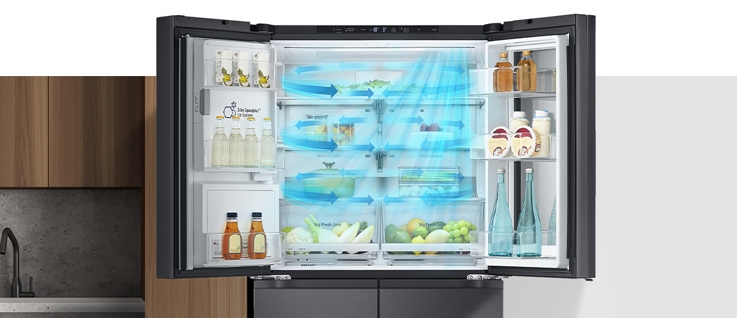 LG double door refrigerator with fresh food, beverages, and airflow technology, showcasing cooling efficiency.