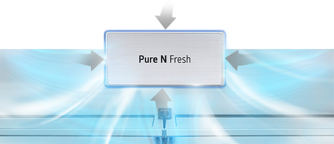 LG Pure N Fresh system circulates air through blue-tinted panels with directional arrows indicating airflow.