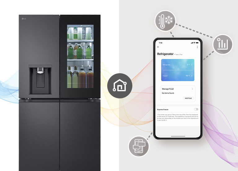 LG smart fridge in black with beverage shelves on the left, connected to a smartphone app on the right.