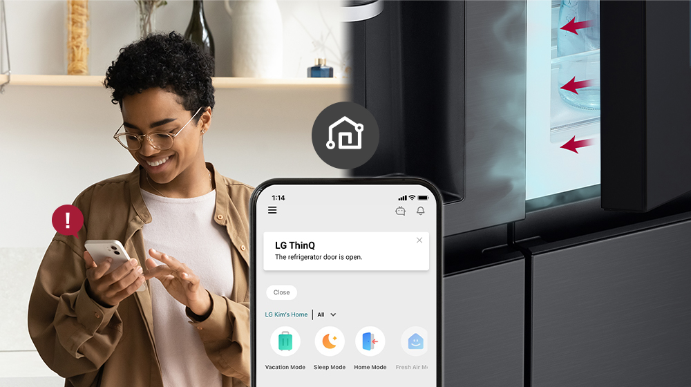 Person holding smartphone showing LG ThinQ app notification about refrigerator door being open.
