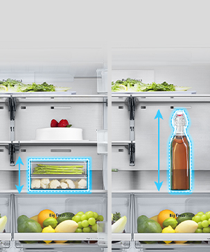 Inside view of an LG refrigerator with a bottle, a cake, vegetables, and a box with highlighted adjustable shelves.